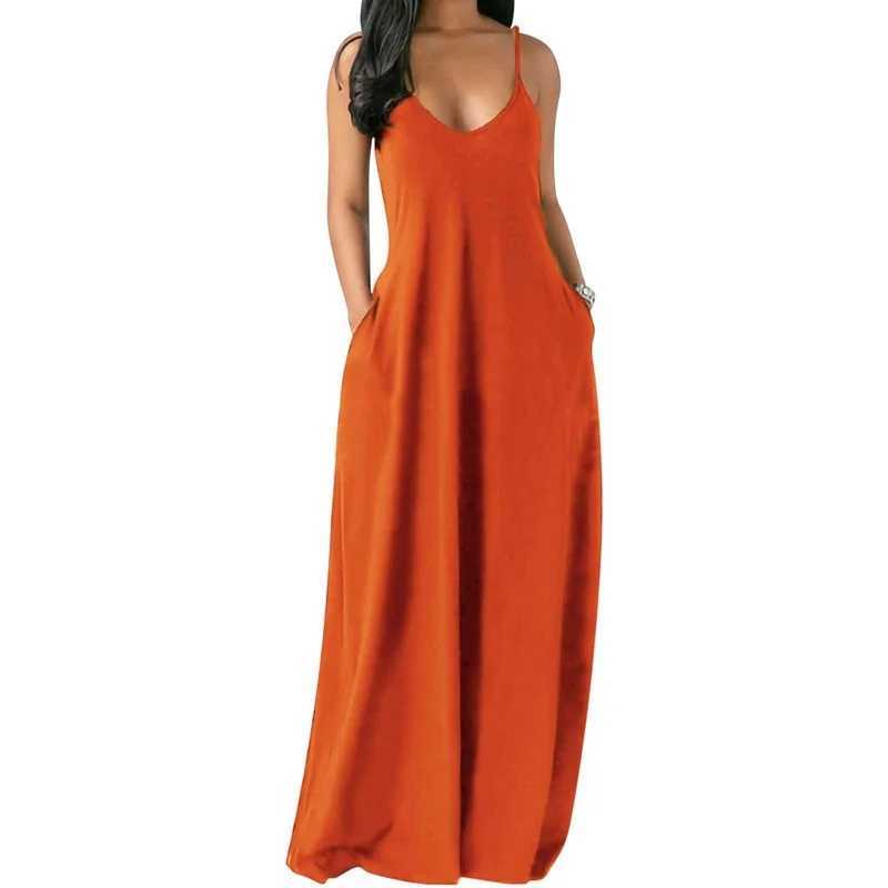 Maillots de bain pour femmes Robe longue de poche pour femmes sexy col en V sans manches robe décontractée en vrac été spaghetti bandoulière couleur unie plage longue robe S-5XL 24326