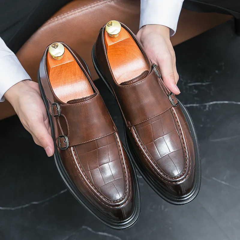 Black Men Formal Shoes Brown Loafers Slip-On Round Toe Business Double Buckle Monk Shoes for Men with