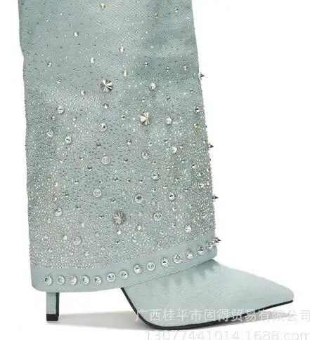 Frühling Mädchen Hellblaue Jeans Denim Bling Kristall Strass Nieten Knopf Schnalle Spitze Zehen Dünne Absätze Slip On Hosen Stiefel Schuh