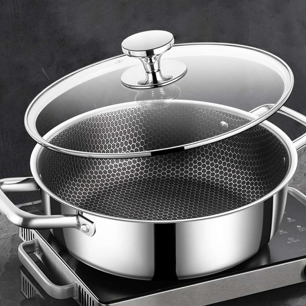 Panela redonda antiaderente de favo de mel de 1 unidade, dupla com tampa, máquina de lavar louça disponível, utensílios de cozinha, utensílios de cozinha, especial para fogão elétrico magnético panela quente