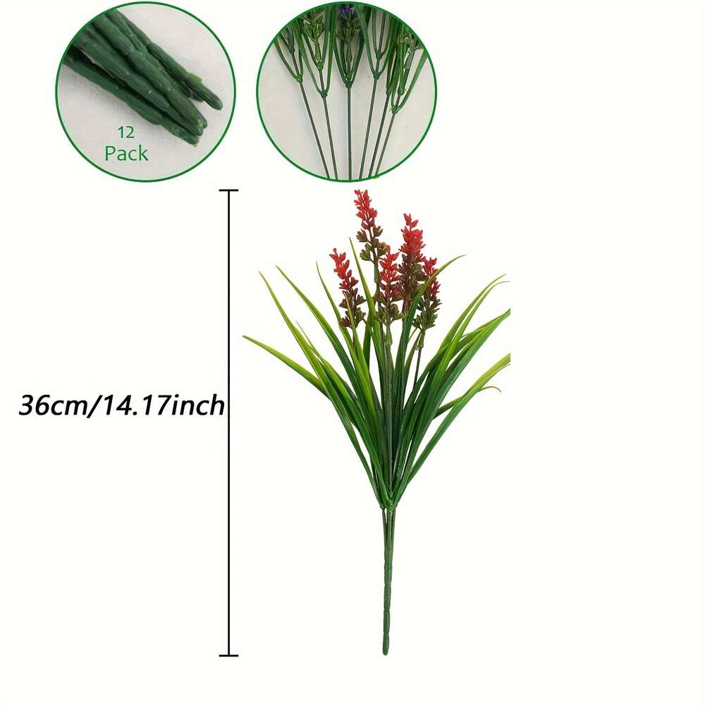 12 Bundles Artificial Plants Outdoor, 14 Inch UV Resistant Monkey Grass Greenery Stems, No Fade Faux Plastic Flowers Shrubs for Home Weddings Garden Porch Front