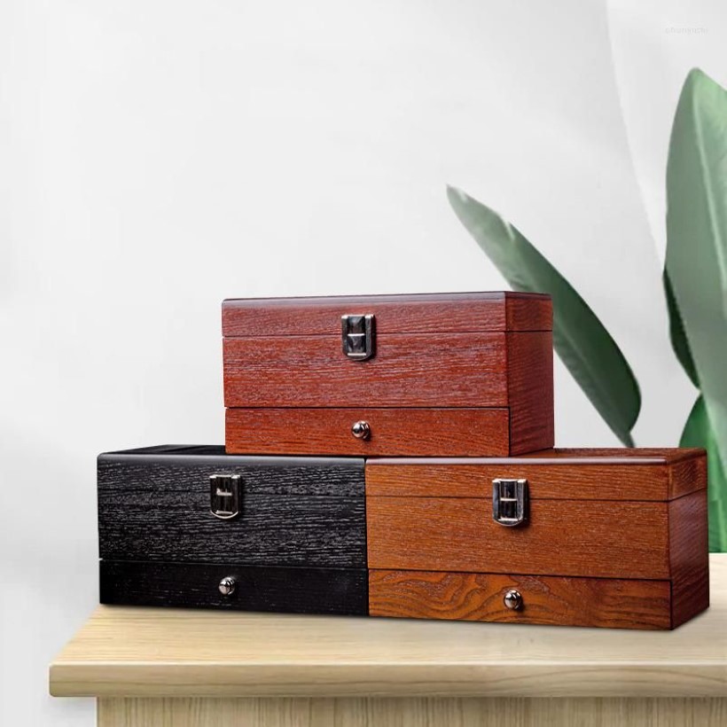 Watch Boxes Wooden Box Organizer Case Double Layer Brown Men's Jewelry Storage Display Ring Necklace Bracelet Gift265t
