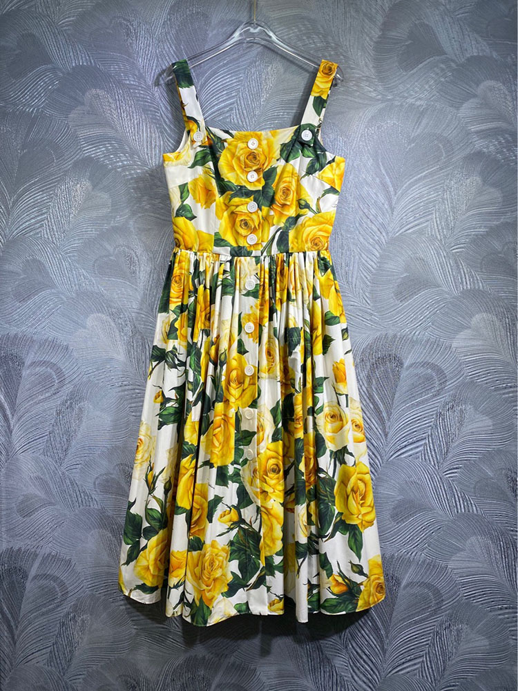 100% Cotton Dress Yellow Rose Flower Printing Summer Women Beach Holiday Vestidos Spaghetti Strap Elegant Lady Expansion