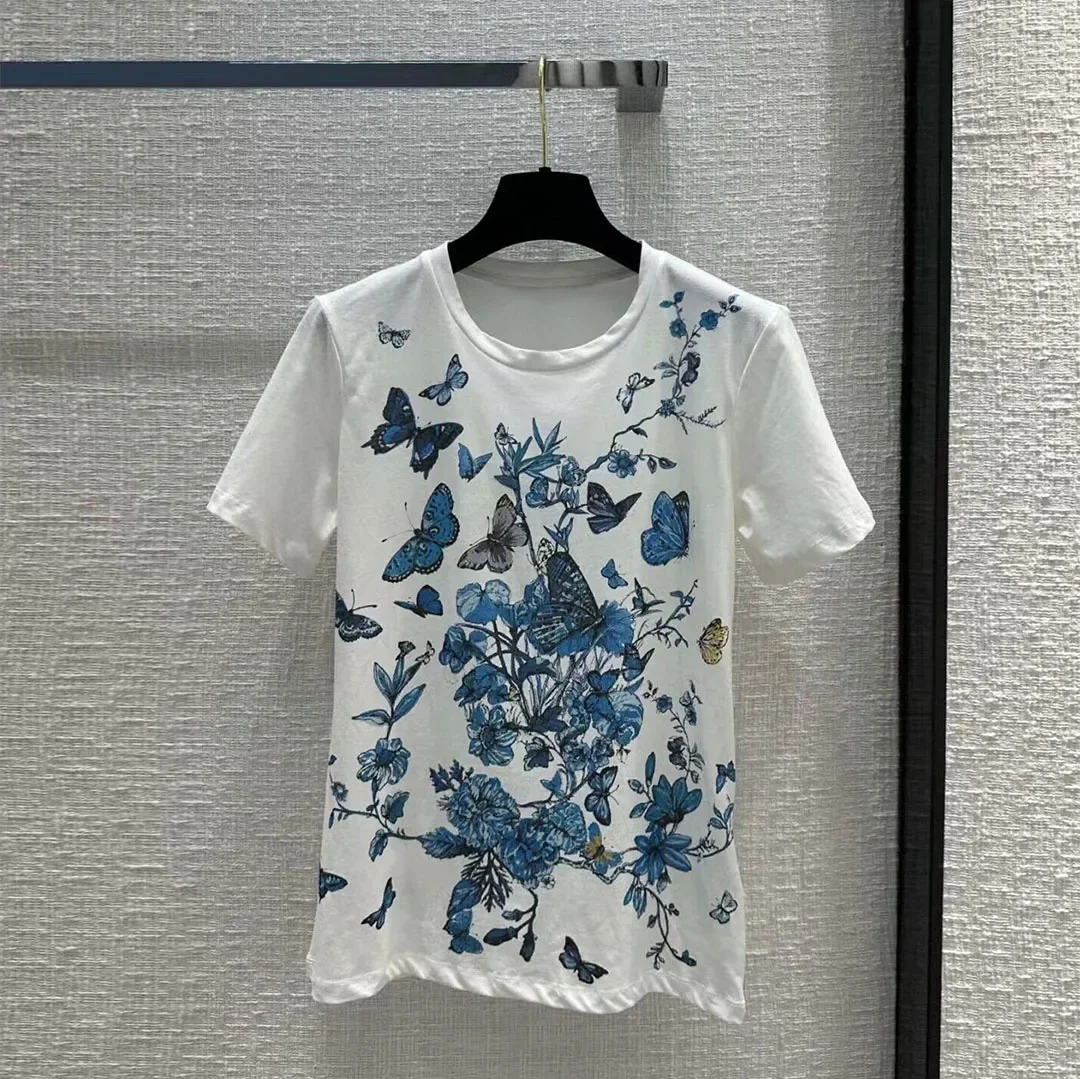 T-shirt casual da donna retrò 2024 T-shirt casual stampata con farfalla in cotone e lino bianco da donna nuovo prodotto estivo