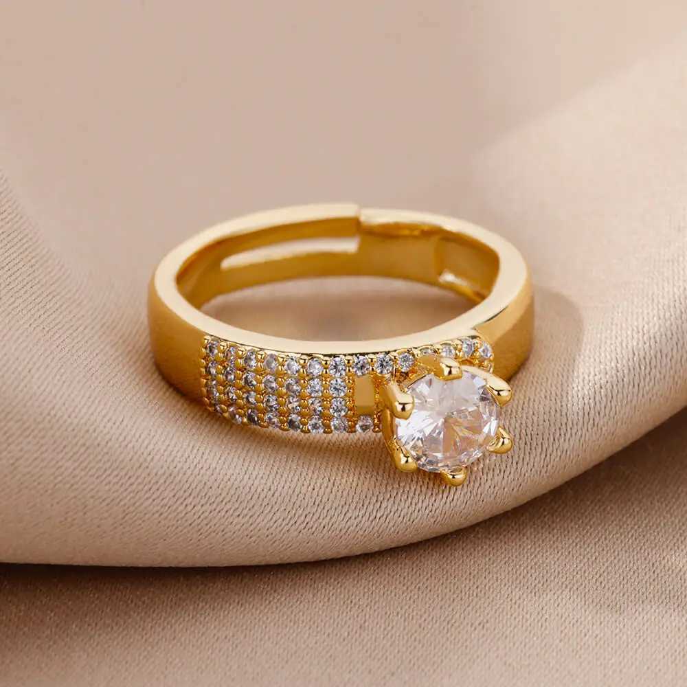 Bandringe Edelstahl Runder Ring Damen Zirkon Geometrisch Gold Kristall Ring Mode Hochzeit Schmuck Geschenktüte Frauen J240326