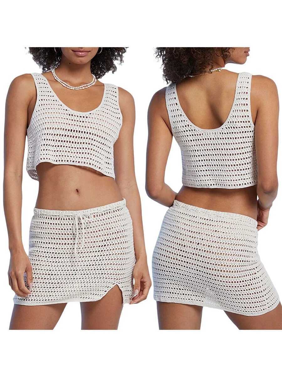 Women's Swimwear Womens beach cover set sleeveless spoon necklace crochet hollow crop vest slotted vest 240326