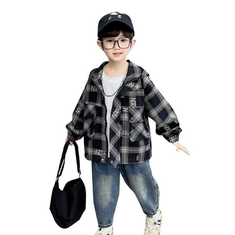 Kids Jackets Boys' Coat Children's Spring Coat for Boys 2024 New Baby Temperament Trend Clothing Checkered Hooded Kids Jackets Trendy