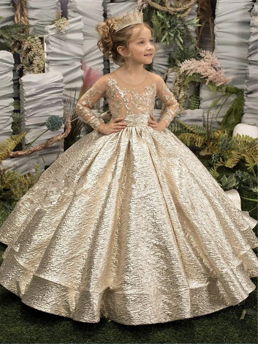 Abiti da ragazza Fiore di raso dorato matrimoni Tulle senza schienale in pizzo Abiti da prima comunione bambini vintage piccola sposa