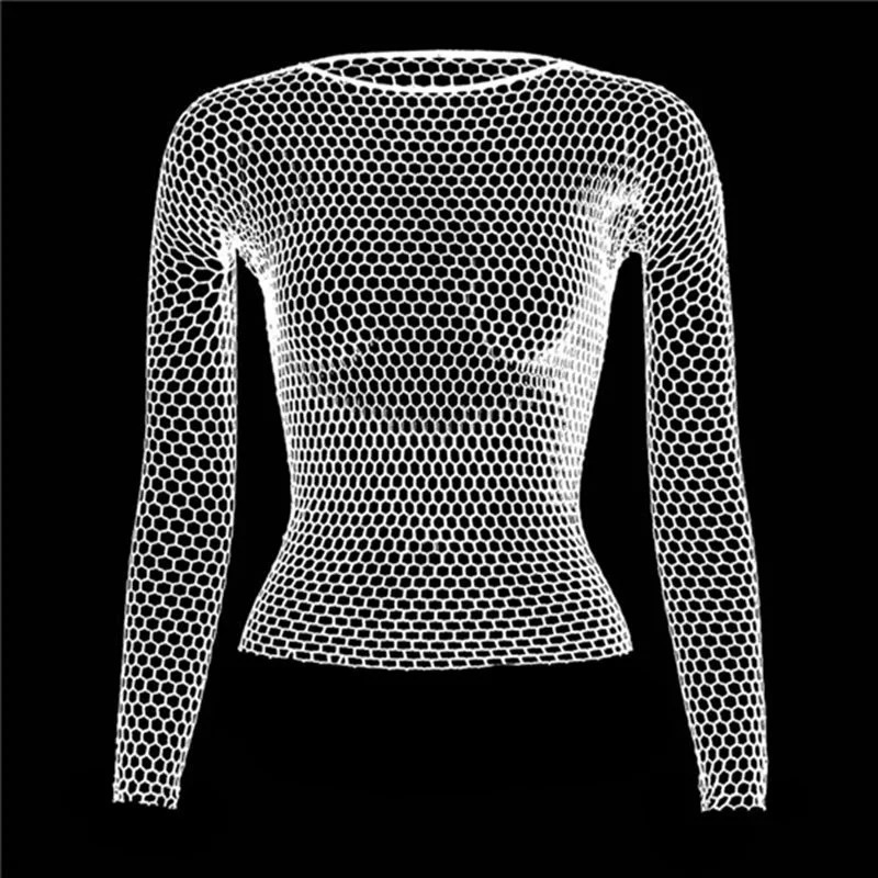 Kvinnor Fishnet Mesh Tops 6 färger Sexig Se genom T-shirt Skinny Goth Hollow Out Long Sleeve Shirts Crop Top Shirt Streetwear 240321