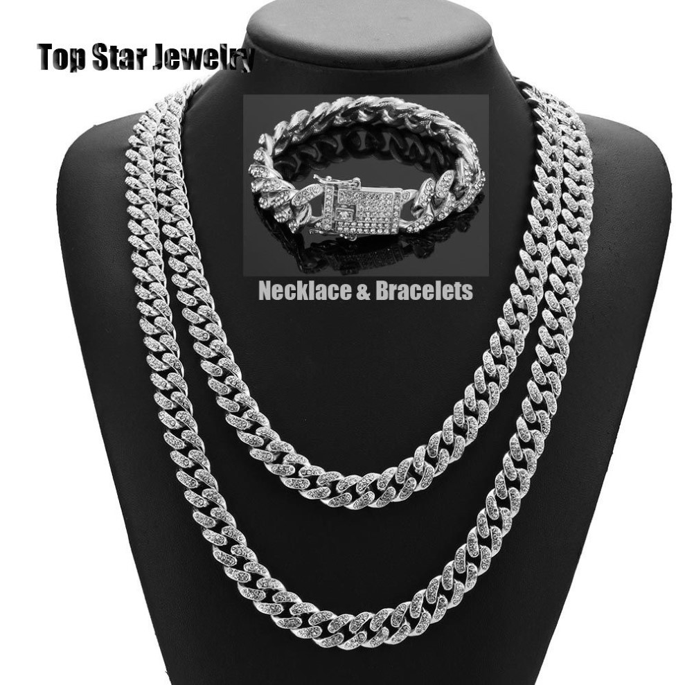 Hiphop bling bling smycken set 14k guldpläterad full kubisk zirkoniumhalsband armband män kvinnor miami kubansk länk kedja is ut A226m