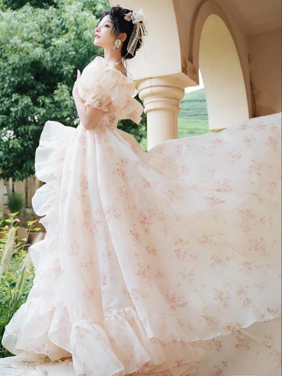 Romantic Floral Printing High Split A-Line Wedding Dresses Sweetheart Short Sleeve Ruffles Bridal Gowns Robe De Mariee