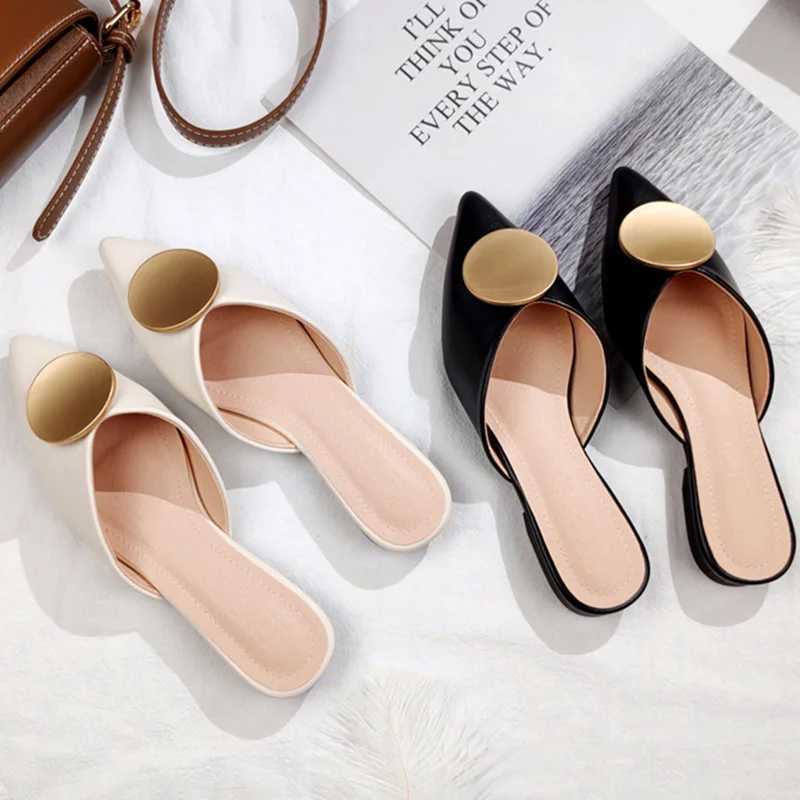 Sandals Womens Etiquette Fluoroscein Designer Luxury Slide Flat Dot Toe with Metal Ring Leather Summer Slide Black Beige 42L2403