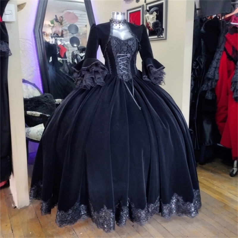 Colonial Georgian Black Prom Dresses Historical Victorian 18th Century Costume Medieval Rococo Renaissance Evening Dress Vampire Gothic Halloween Jacket Party