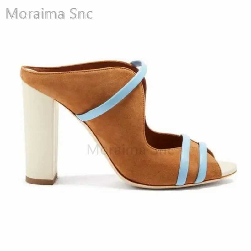 Сандалии с двойными ремнями толстые высокие каблуки мулы женские элегантные кожаные ботинки высокие каблуки женские роскошные дизайнеры разноцветные сандалии Summer Shoesl2403