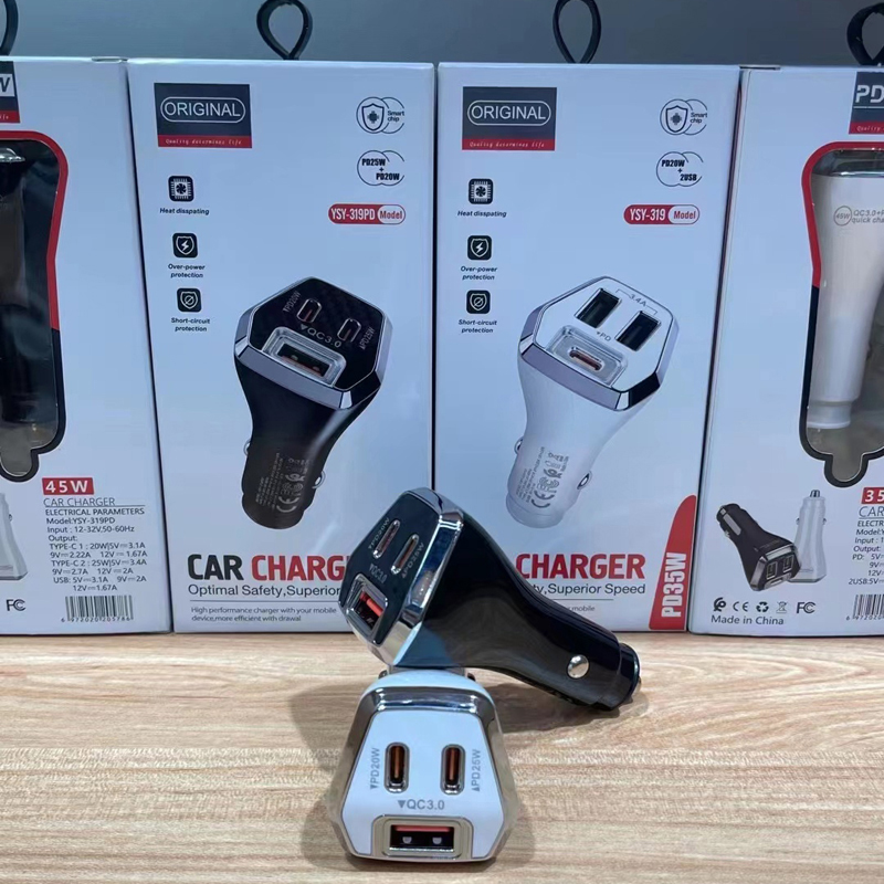 45W PD Fast Car Charging för iPad iPhone SE X XR 11 12 13 14 15 Samsung HTC Android Telefon USB C 3 Ports QC 3.0 Typ C -bil Snabbladdning Adapter med detaljhandelslådan