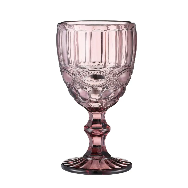 10OZ Wine Glasses Cup Colored Glass Goblet with Stem 240ml Vintage Pattern Embossed Romantic Drinkware for Party Wedding Birthday Festival