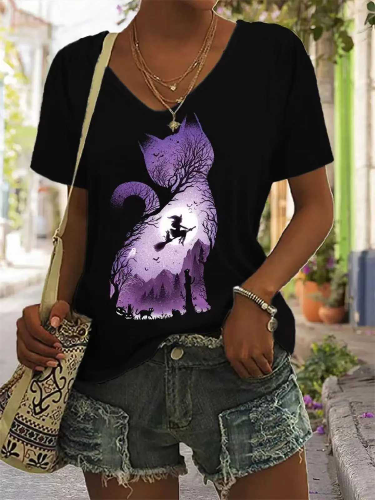 Kvinnors tankar Camis Nya sommarkvinnor T-shirt Kort ärm Top Cat Graphic V-Neck Extra Large Clothing Girl Street Clothing Womens T-shirt 2023 24326