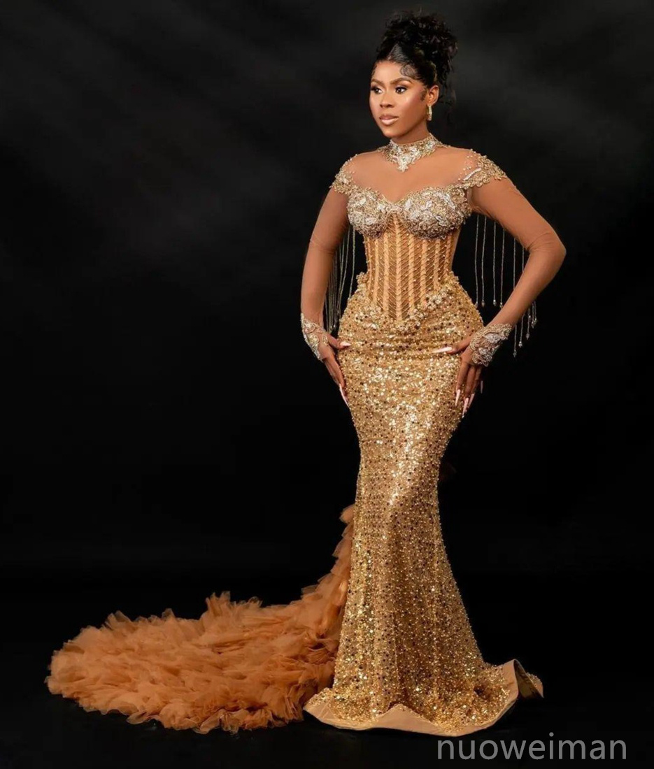 2024 Gold Plus Size Aso Ebi Ballkleider für schwarze Frauen Illusion Ballkleid Meerjungfrau mit langen Ärmeln Stehkragen Perlen Quaste Perlen Spitze Geburtstagskleid für Anlass NL640