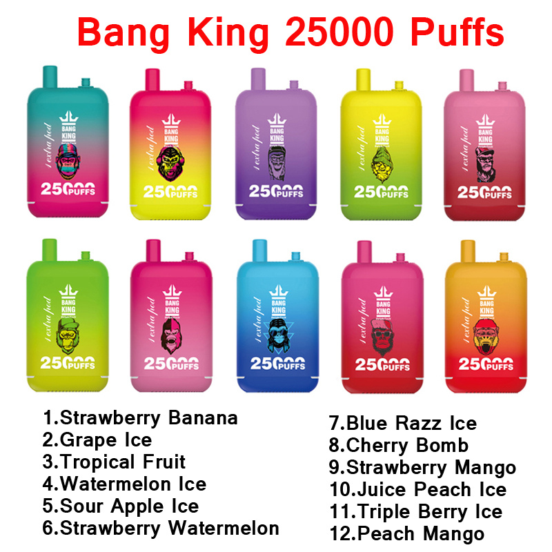 Novo Bang King 25000 25K Puffs Cigarros eletrônicos descartáveis Tanque duplo 46ml Bobina de malha 650mAh Bateria recarregável Big Vapor 12 sabores 0/2/3/5% Euro EUA Sem impostos