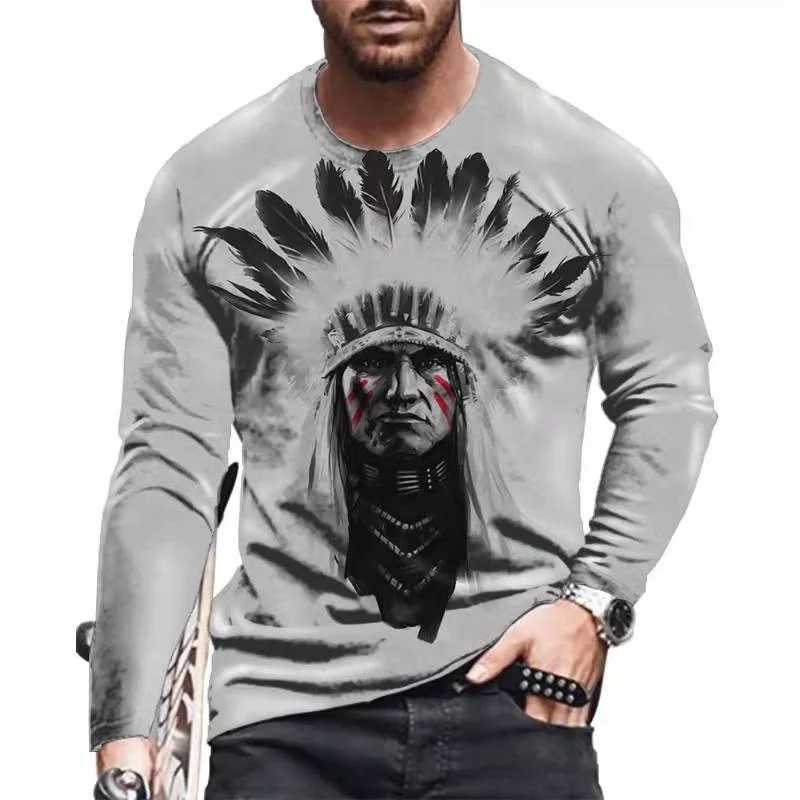 Men's T-Shirts Vintage Indians Style 3d Print Autumn Mens Round Neck T-shirt with Long Sleeve Fashionable Sweater Mens Clothing 240327