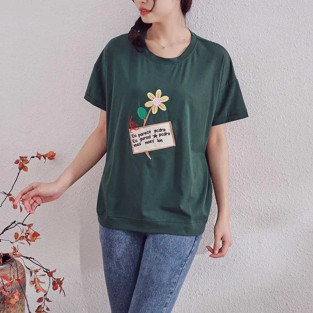 Débardeurs pour femmes Camis DIMANAF été nouveau T-shirt pour femmes avec broderie de fleurs imprimé ample décontracté col rond couvercle vert 24326