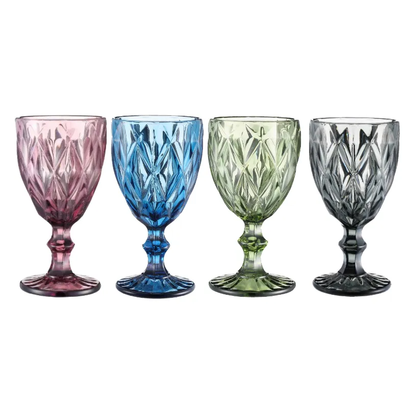 10OZ Wine Glasses Cup Colored Glass Goblet with Stem 240ml Vintage Pattern Embossed Romantic Drinkware for Party Wedding Birthday Festival