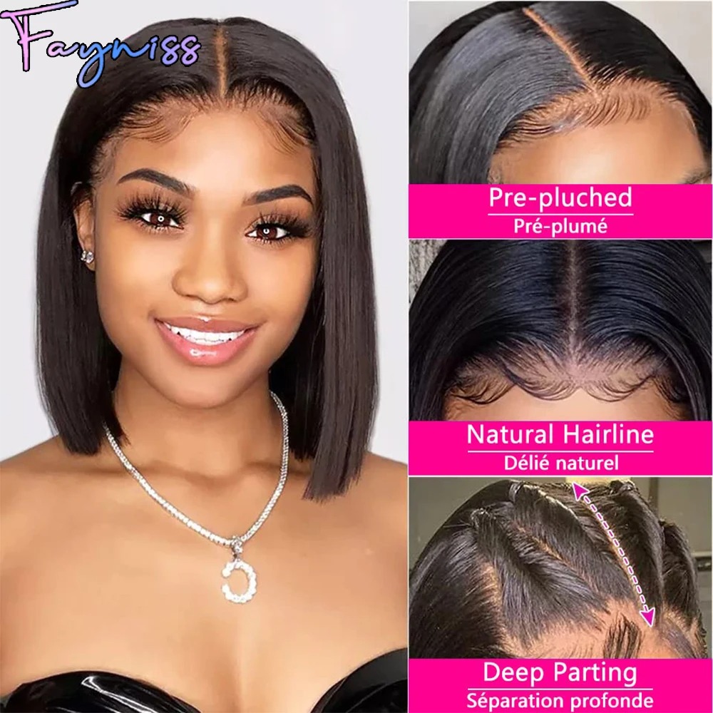 Straight Bob Human Hair Wig Lace Front Wigs with Baby Hair Transparent Lace Frontal Wig Brazilian Glueless Bob Wig Natural Color