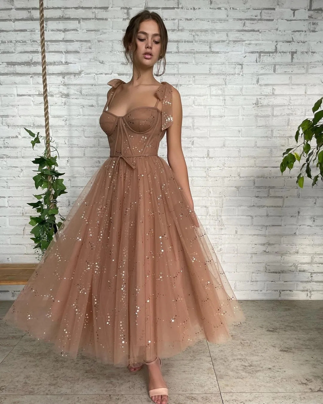 Mode Bruine Homecoming-jurken Spaghetti Prom Party-jurk Enkellange Homecoming-jurk A-lijn