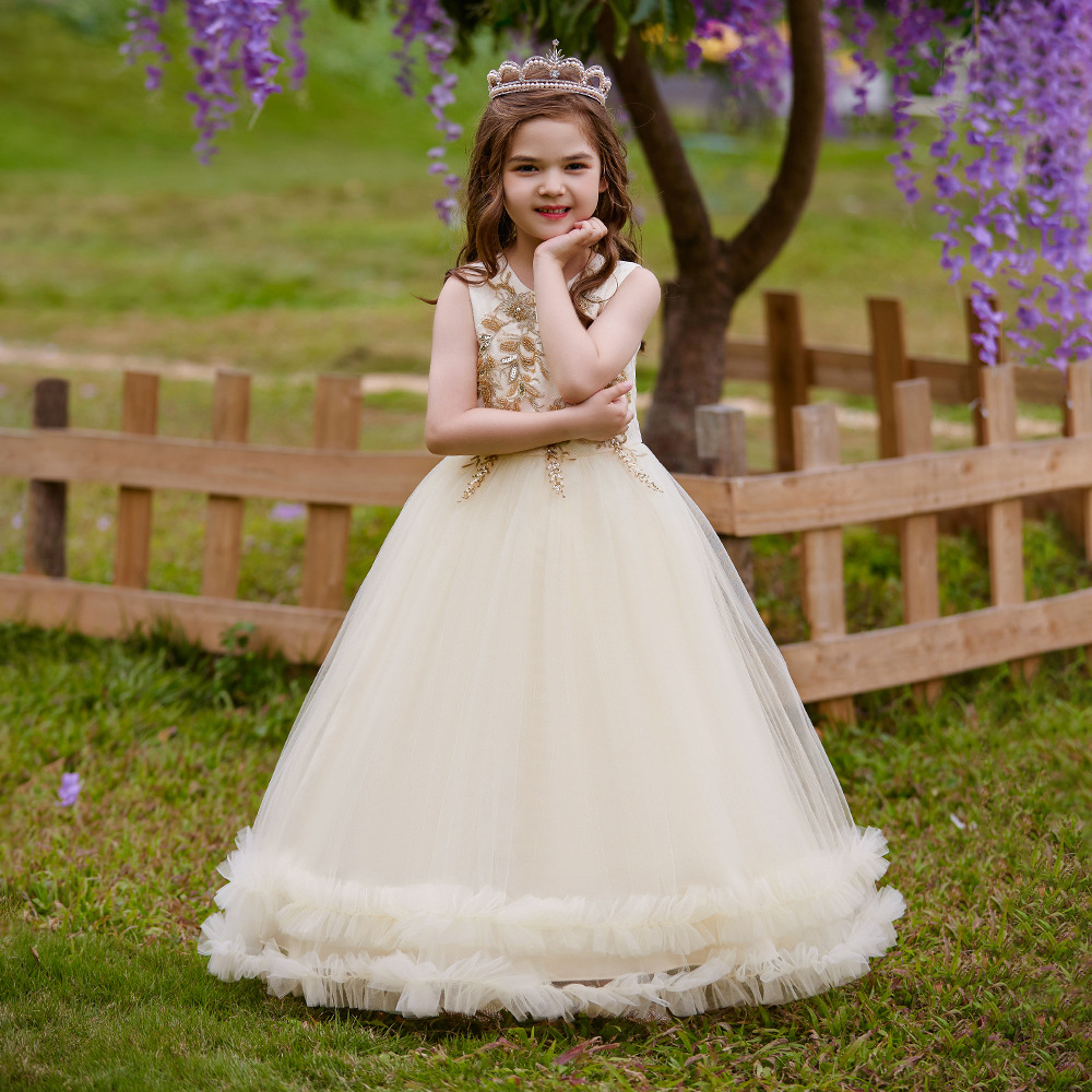 Härlig Champagne Jewel Applique Girl's Pageant Dresses Flower Girl Dresses Girl's Birthday/Party Dresses Girls Everyday kjolar Kids 'Wear SZ 2-10 D327223