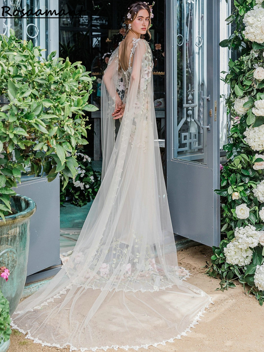 Robe de mariée sirène brodée florale, Image réelle, effet d'illusion, avec Cape, sans manches, style Boho