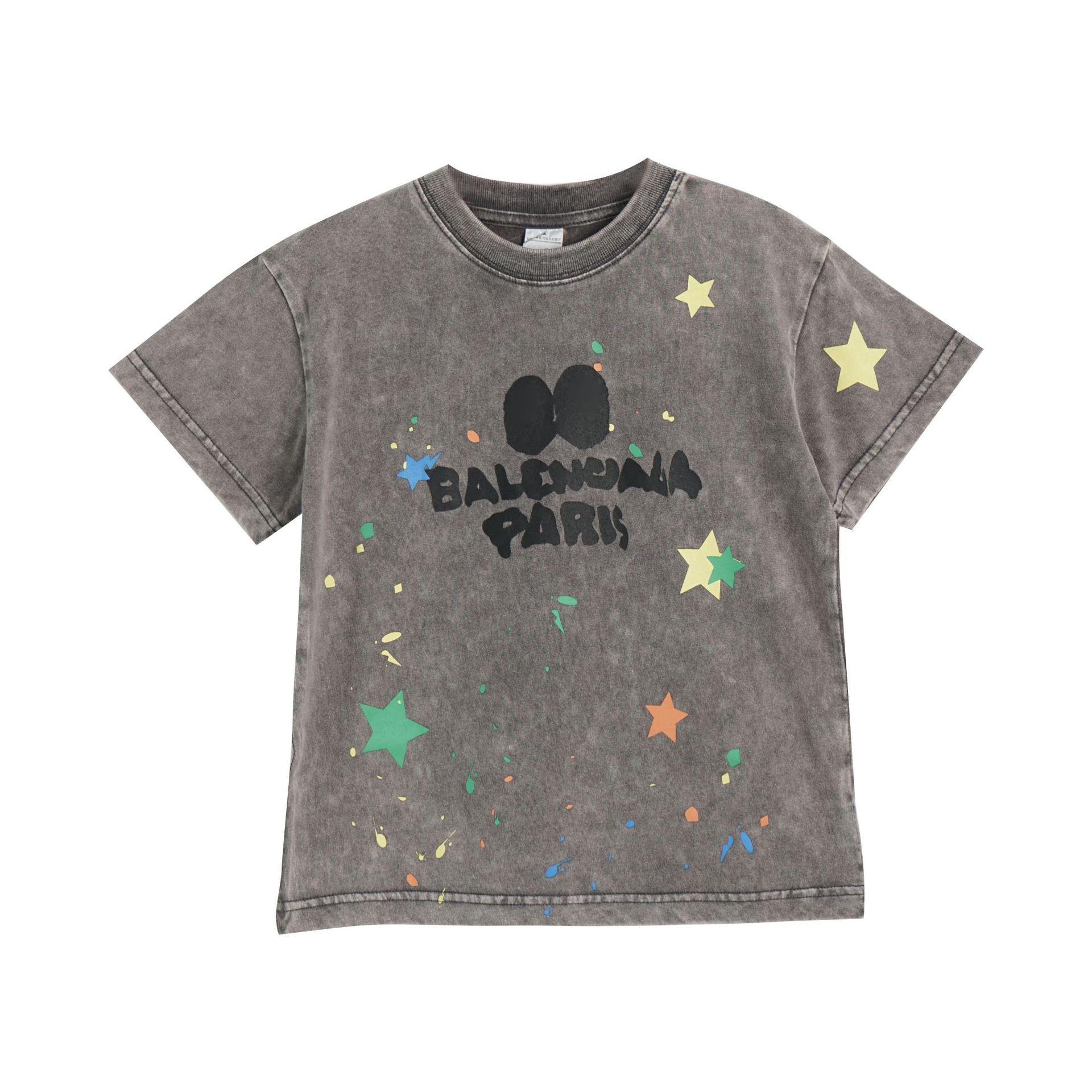Letni chłopcy z drukowana koszulka dla dzieci kolorowe gwiazdy Wzór koszulki z krótkim rękawem 2024 Modne dzieci w stylu vintage swobodne topy Z7364