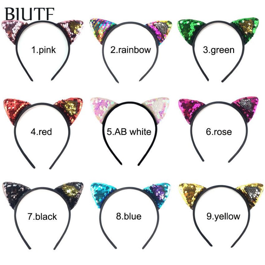 / bandeau en plastique avec 2 4 '' réversible paillettes broderie oreille chat mode bandeau cheveux arc accessoires HB068 C315k