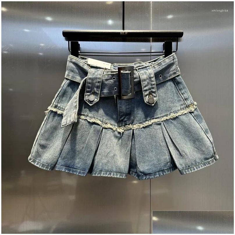 Skirts 2024 Spring Summer Denim Pleated Skirt Women High Waist Slim A-Line Mini Q614 Drop Delivery Apparel Womens Clothing Ot4Ny