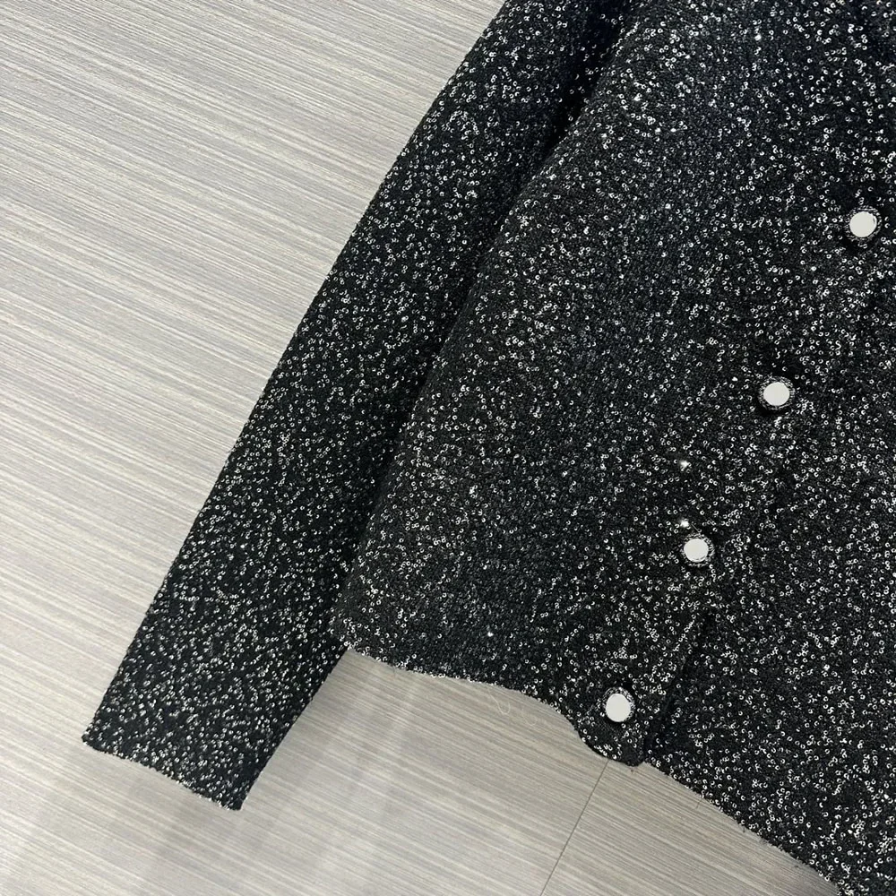 Cardigan tricoté à simple boutonnage + jupe longueur genou pour femme, ensemble 2 pièces, élégant et élégant, avec paillettes, printemps 2024