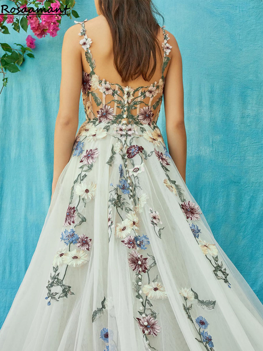 Abito da sposa coreano in pizzo floreale A Line Tulle Fiori 3D senza spalline Abiti da sposa