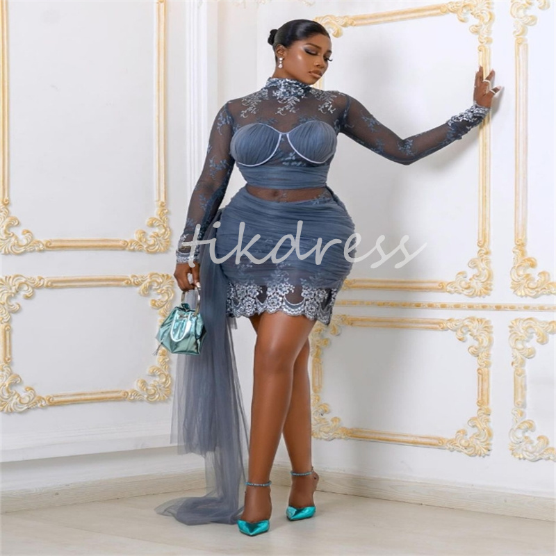 Affascinanti abiti da ballo corti blu polverosi ragazze nere Vedi attraverso i cattivi Abito da sera senior in pizzo Plus Size Abito da compleanno a maniche lunghe con collo alto Cocktail formale