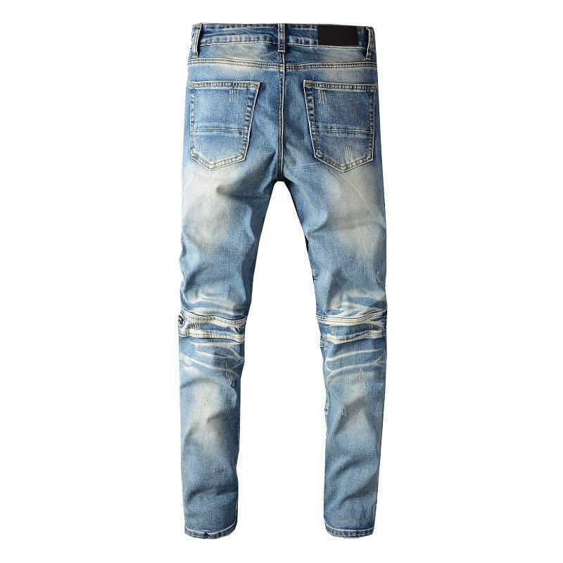 GATTREND KNEA FACK BLÅ SPELT VIT LÄDER DULTALS JEANS ELASTISK SLIM FIT SYTCHED MOTORCYCLE PANTS