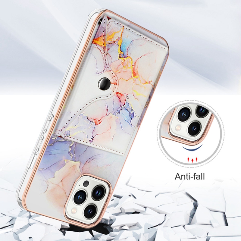 Kaartpakket Marmer Verchroomde hoesjes voor iPhone 15 Plus 14 Pro Max 13 12 11 Zacht IMD TPU PU-leer ID-kaarten Slot Zak Plating Granietsteen Kickstand Houder Telefoon achterkant