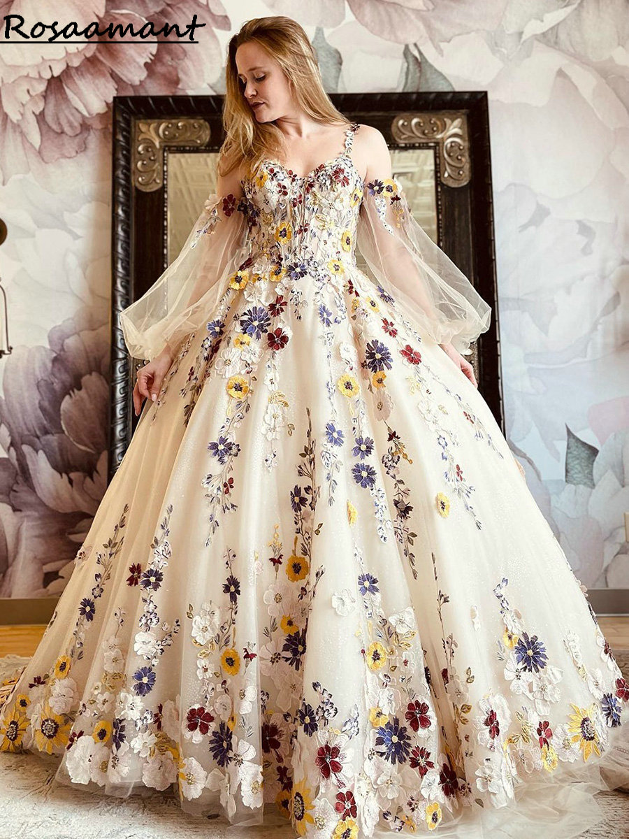 다채로운 꽃 무늬 아플리케 레이스 스파게티 스트랩 A- 라인 웨딩 드레스 연인 분리 가능한 슬리브 소매 신부 가운 Robe de Mariee