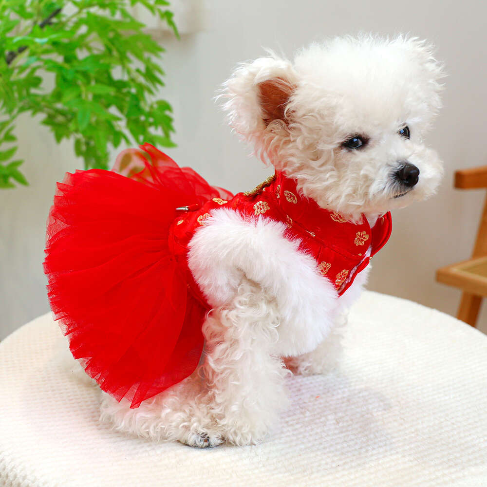 Vestido tutu de cachorro ano novo, outono e inverno saia de gaze quente para cachorro, estilo terno tang roupas para animais de estimação para cães pequenos