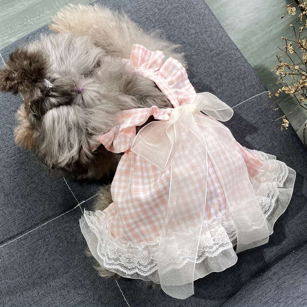 Vestido de estilo de fada saia xadrez de barra de arco de fita, vestido de festa para cães para cães para cães para cães de estimação