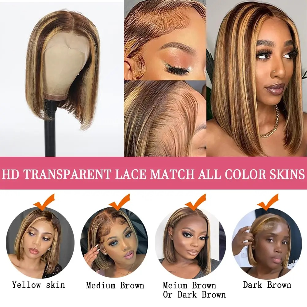 Glueless Highlight Wig Human Hair rakt 13x4 Spets främre mänskliga hår peruker ombre honung blond mittdel spets frontala peruker