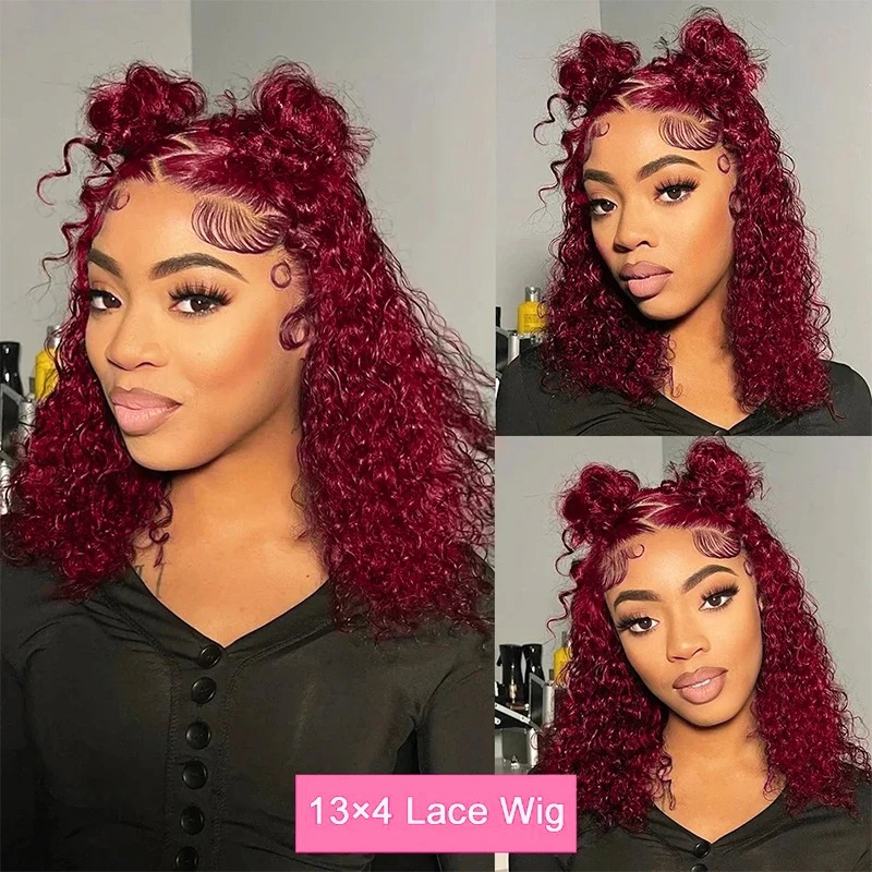 99J Burgundy Deep Wave Red Water Bob Bobs Glueless Human Hair Wigs 13x4 HD Prontal Prontal Curly Curly Curly for Women