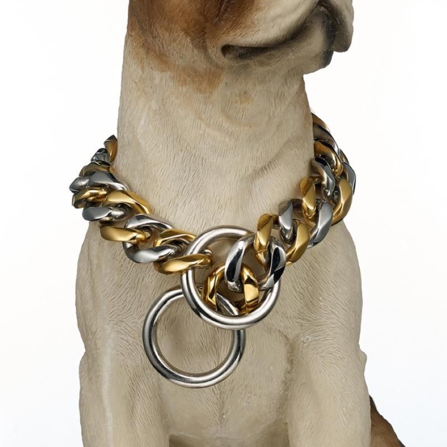 Collier en acier inoxydable pour grand chien, couleur or, chaîne de sécurité, bordure cubaine, fournitures entières, 12-32 ras du cou, 211x