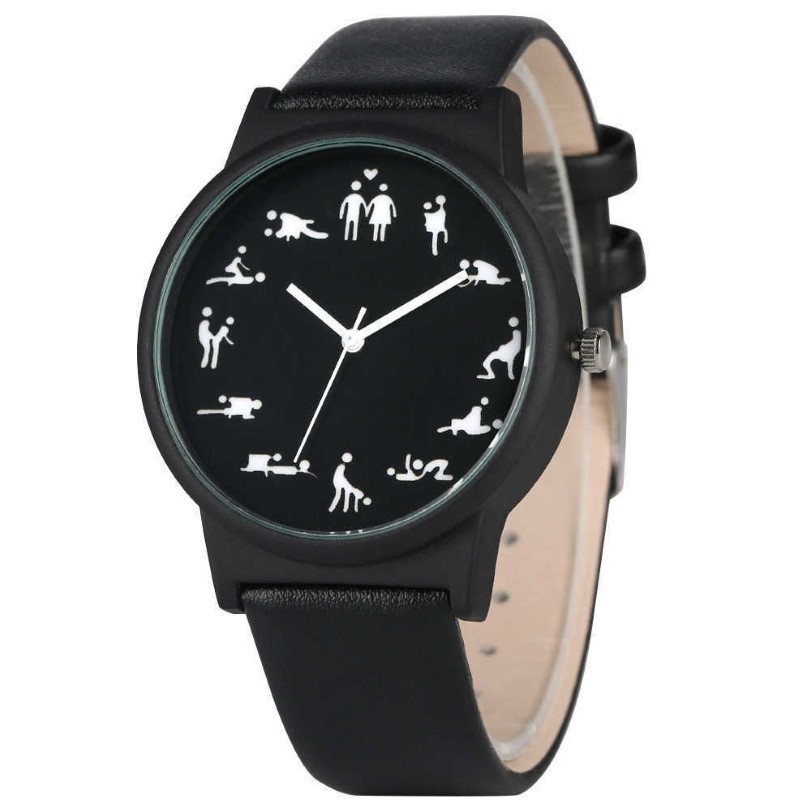 Reloj de cuarzo divertido y creativo para hombre, relojes de cuarzo con esfera negra, cómodo reloj de pulsera con correa de cuero negro para hombre H1012290v