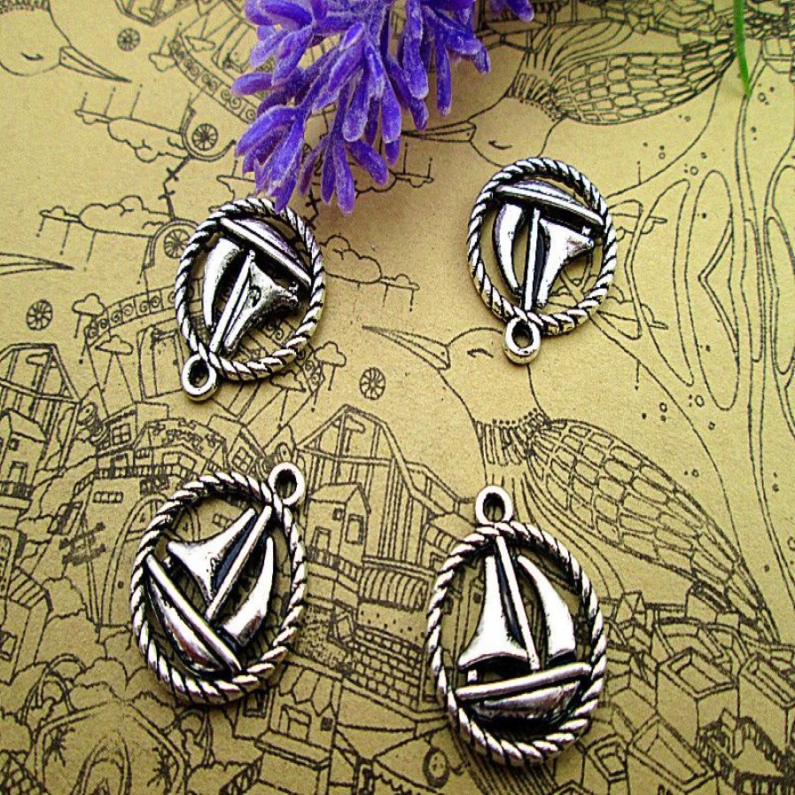 60 pièces-breloques de bateau à voile, ton argent, pendentifs ronds à 2 faces, breloques nautiques, 19x16mm229O