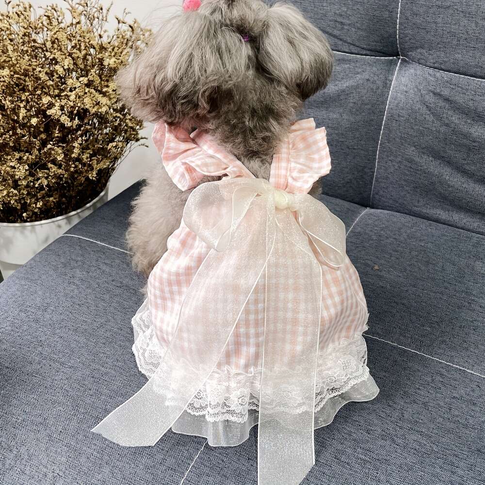 Vestido de estilo de fada saia xadrez de barra de arco de fita, vestido de festa para cães para cães para cães para cães de estimação