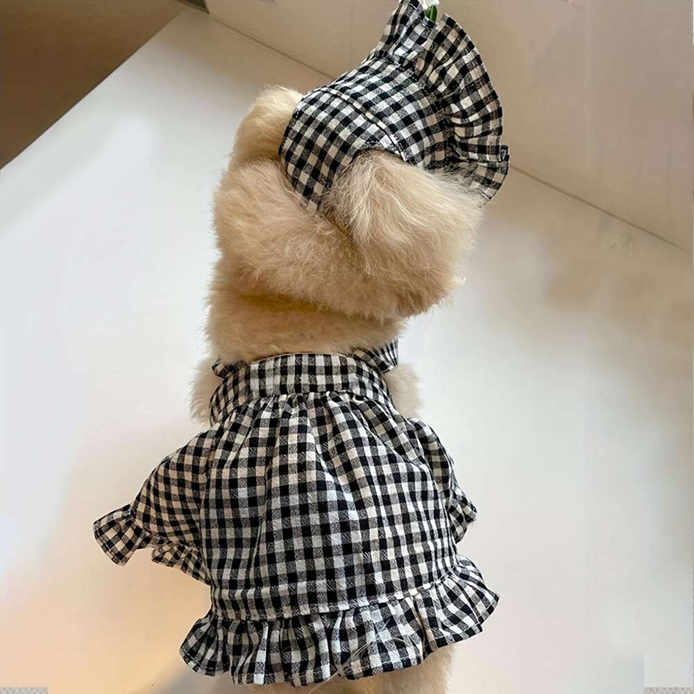 Plaid Print Haustierkleid Rüschenverkleidung Hut Set Schöne Hundekatze Sommerrockkleidung für Welpen und Kätzchen -Ausflug -Dressingkostüm