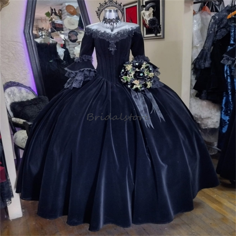 Vintage siyah kraliçe balo elbiseleri ceketli 18. yüzyıl Avrupa marie antoinette kostüm Victoria ortaçağ erişim kadife dantel formal vestido de novia 2024