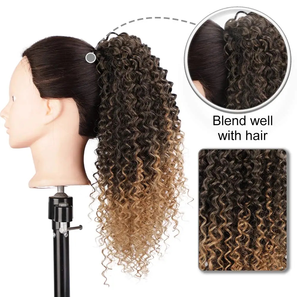 14 ''Auburn Ombre Honey Blonde Afro Kinky Curly Ponytail Clip in Hair Extension 조정 가능한 랩 드로 스트링 매일 사용 120g